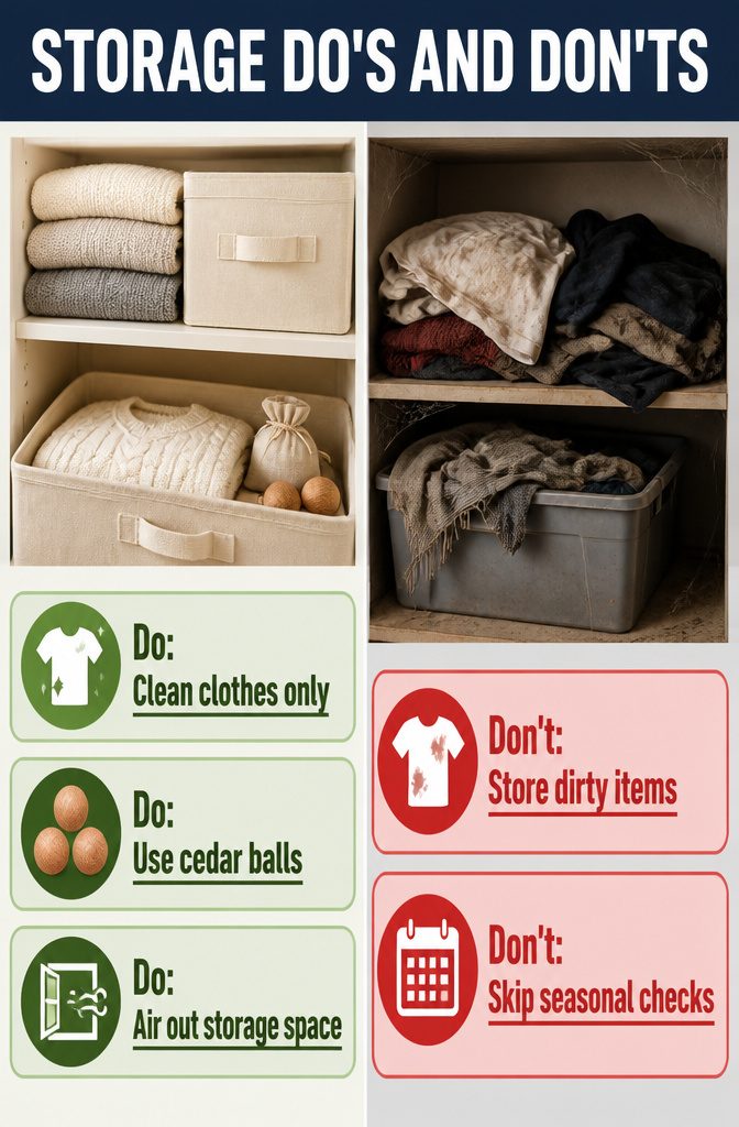 9 Clothing Storage Options for a More Organized Closet 12 Storage tips including cedar balls and clean clothes for maintenance.