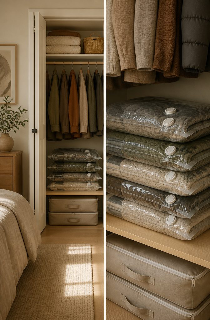 9 Clothing Storage Options for a More Organized Closet 8 Vacuum storage bags neatly compressed on a closet shelf.