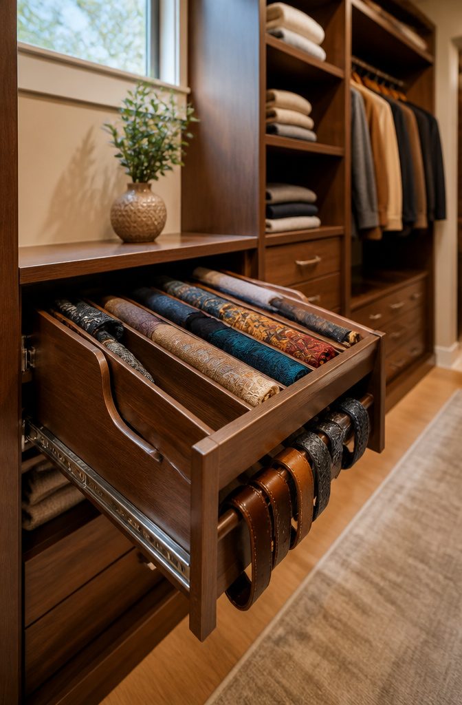 9 Clothing Storage Options for a More Organized Closet 7 A pull-out rack displaying neatly arranged scarves and belts.