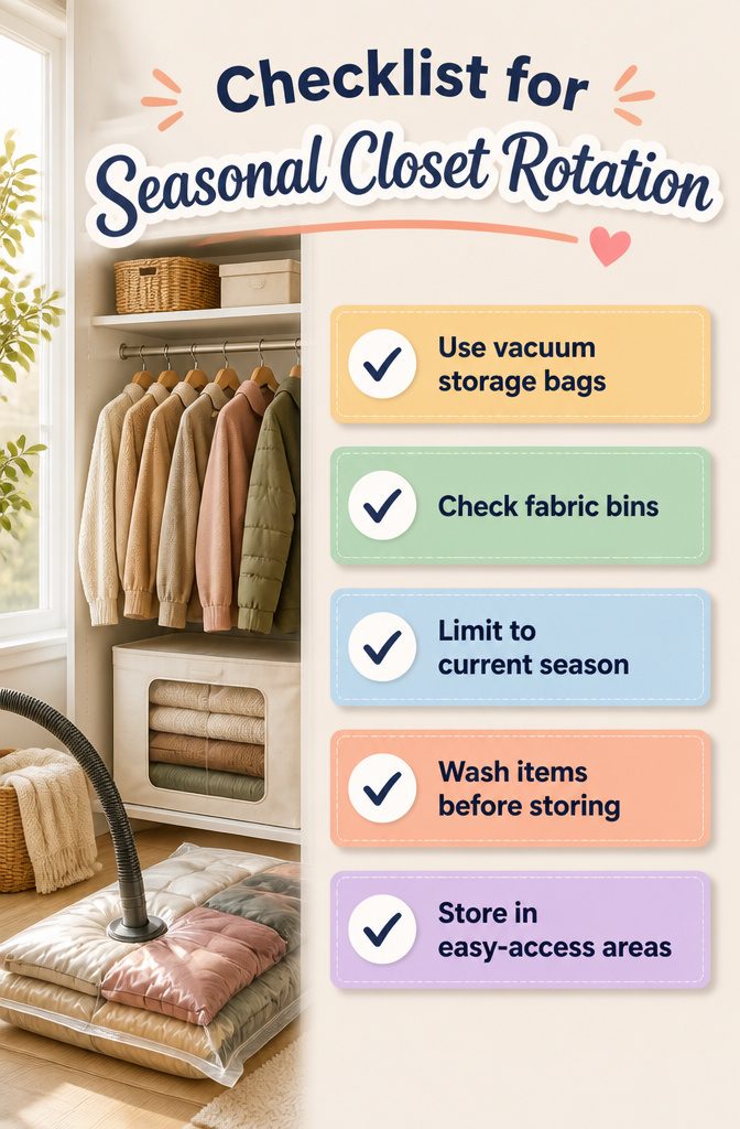 9 Clothing Storage Options for a More Organized Closet 11 A checklist for seasonal closet rotation with vacuum storage bags.
