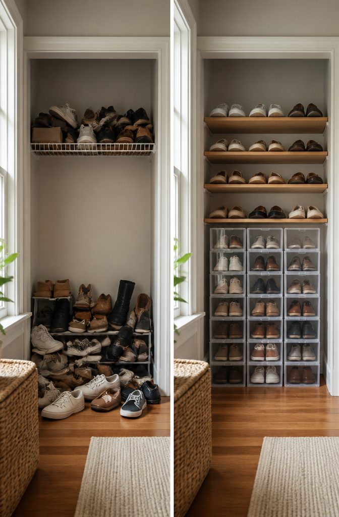 9 Clothing Storage Options for a More Organized Closet 6 Stackable clear shoe bins displaying various pairs of shoes.