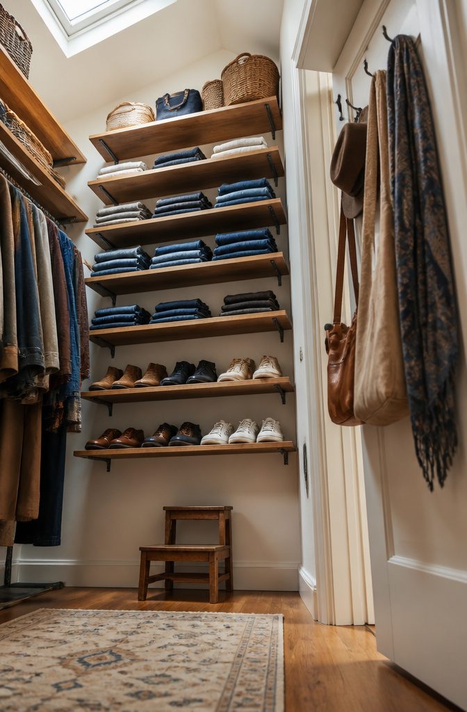 9 Clothing Storage Options for a More Organized Closet 5 Wall-mounted shelves and over-door hooks for efficient vertical storage.