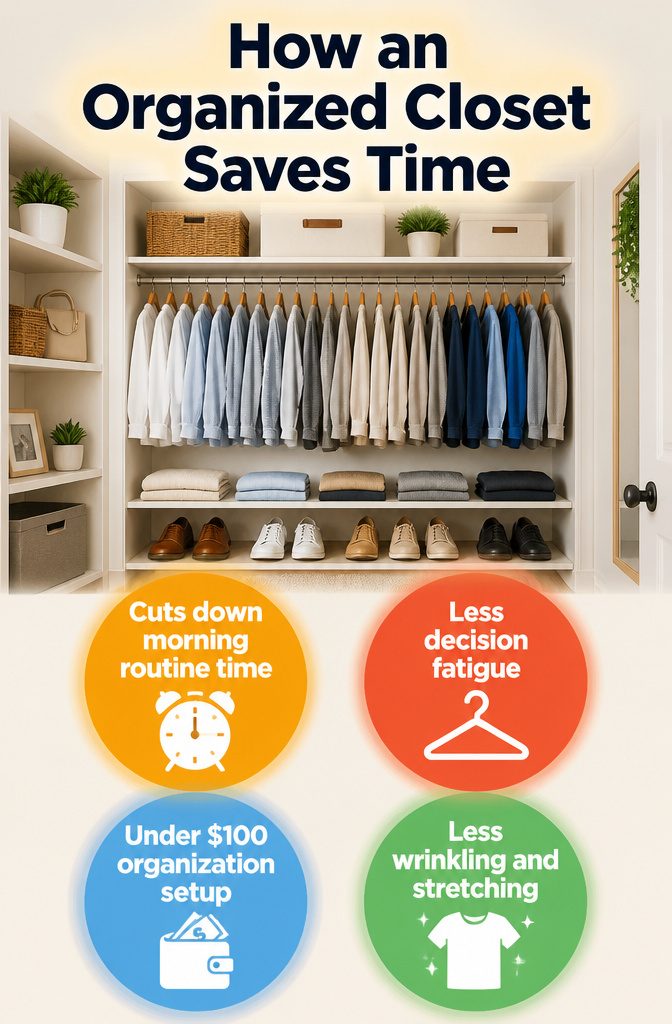 9 Clothing Storage Options for a More Organized Closet 10 A well-organized closet with neatly arranged clothing.
