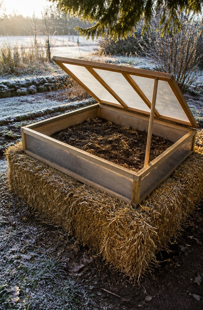 A cold frame with straw bales stacked around its base for insulation.