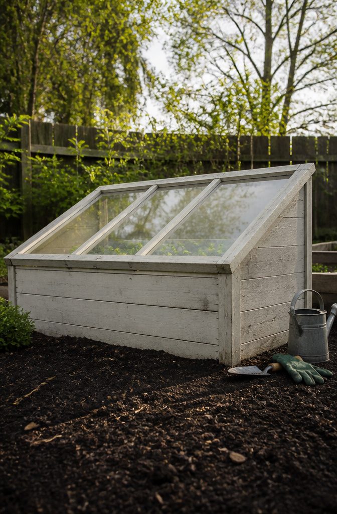 A cold frame with a sloped lid, showing its construction and height difference.