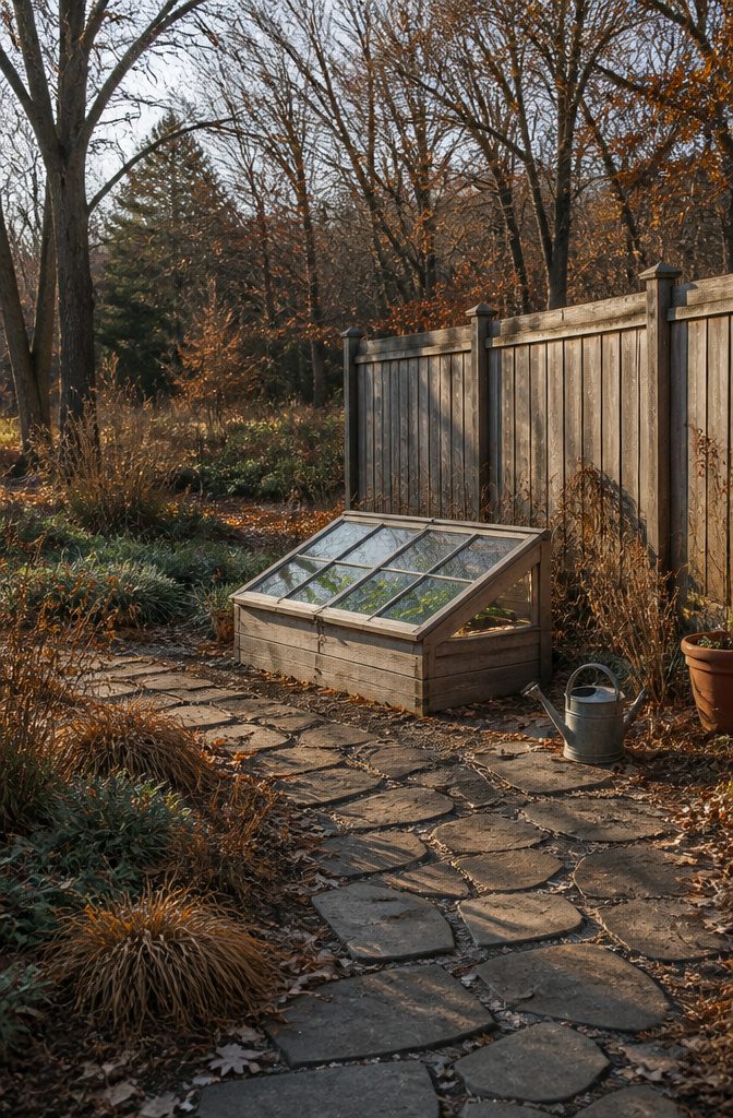 A cold frame set against a wall, surrounded by an open garden space.