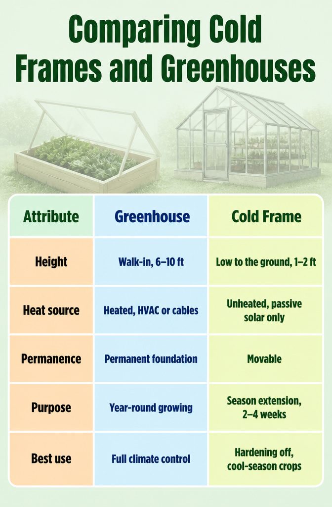 A comparison chart showing differences between cold frames and greenhouses.