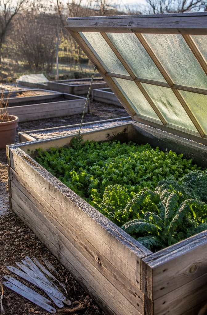 A cold frame filled with arugula and kale, sunlight illuminating the plants.