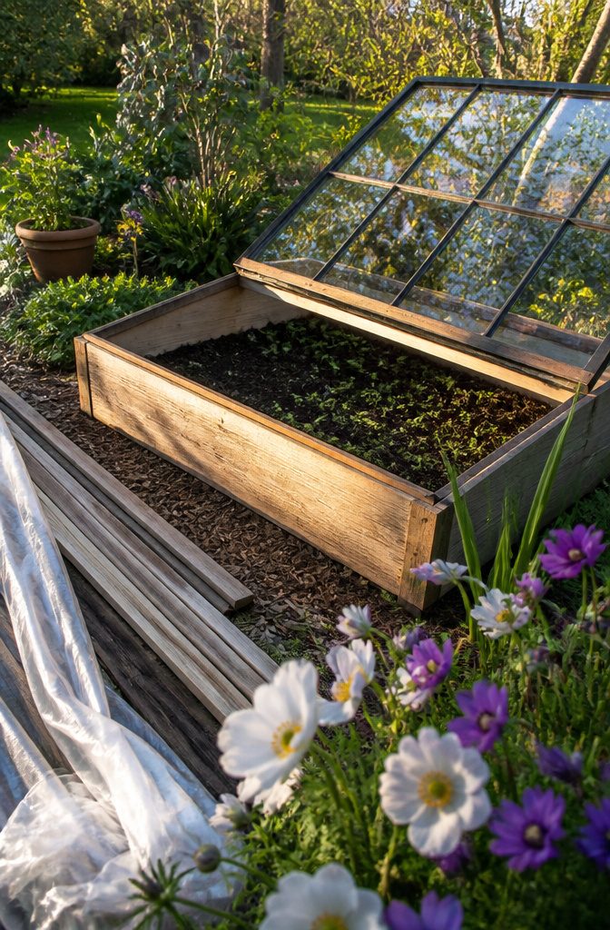 A cold frame lid made of glass, propped open to let sunlight in.