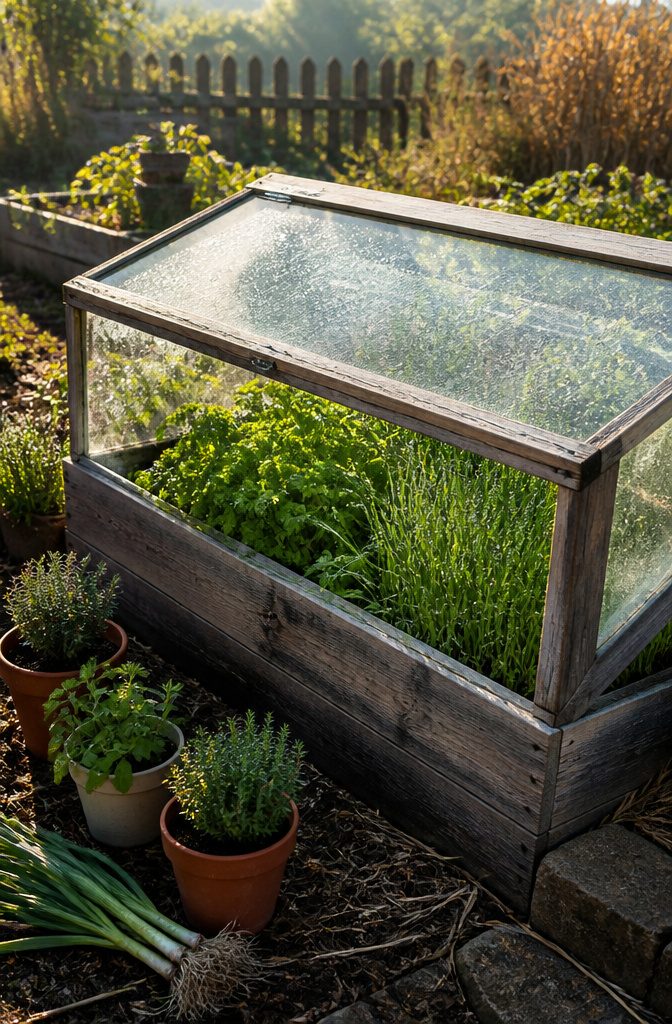 A cold frame filled with vibrant parsley and chives, glistening with dew.