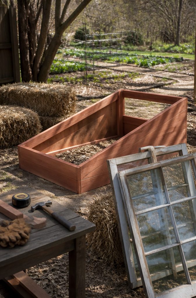 A cedar cold frame being built, with old window panes and tools nearby.