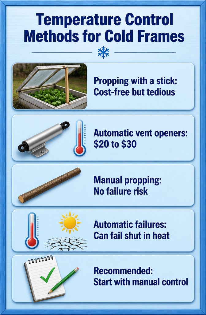 Temperature control methods for cold frames, including a propped lid and automatic opener.