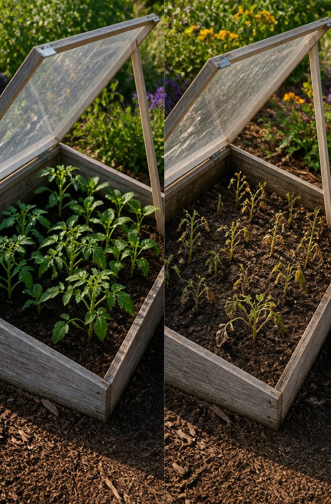 Peppers and tomatoes inside a cold frame, preparing for outdoor planting.