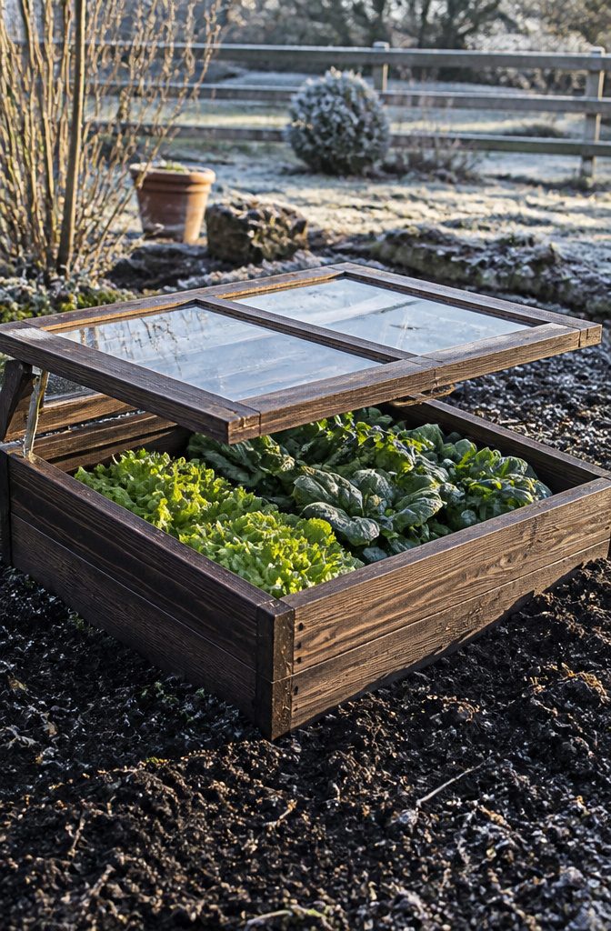 A wooden cold frame with a glass lid on moist soil, containing lettuce and spinach.