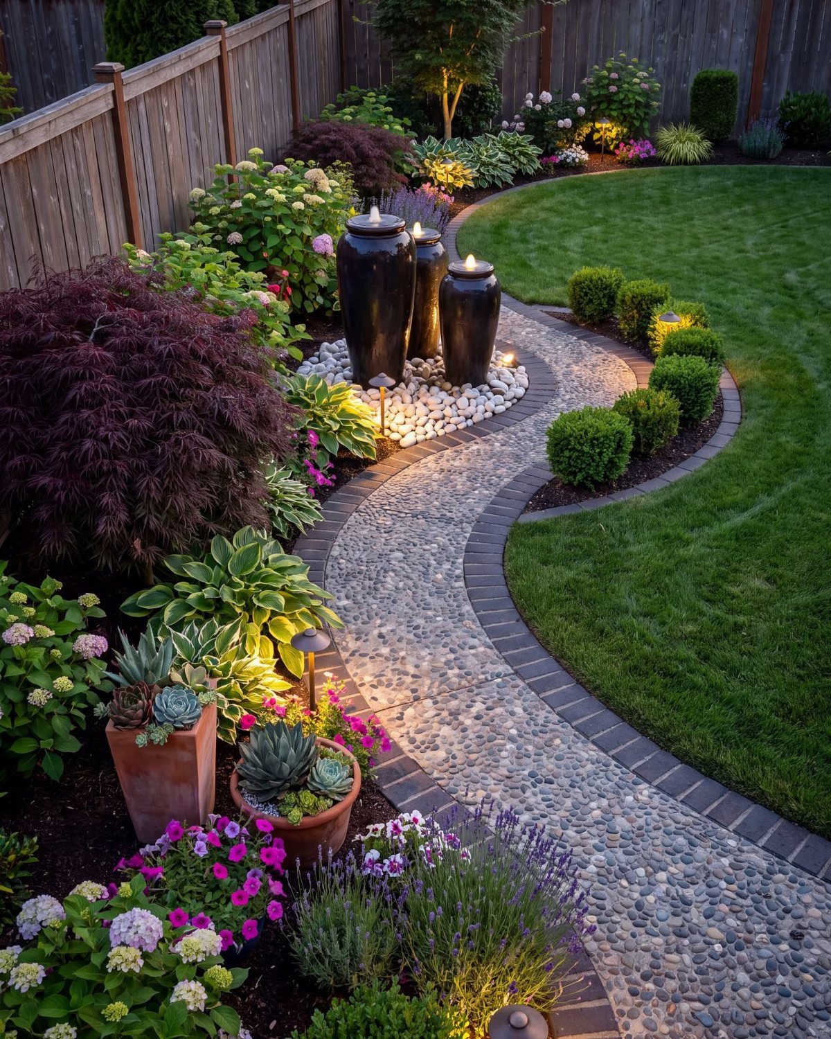 A curved gravel garden path winding through a green lawn and lush flower beds at dusk.