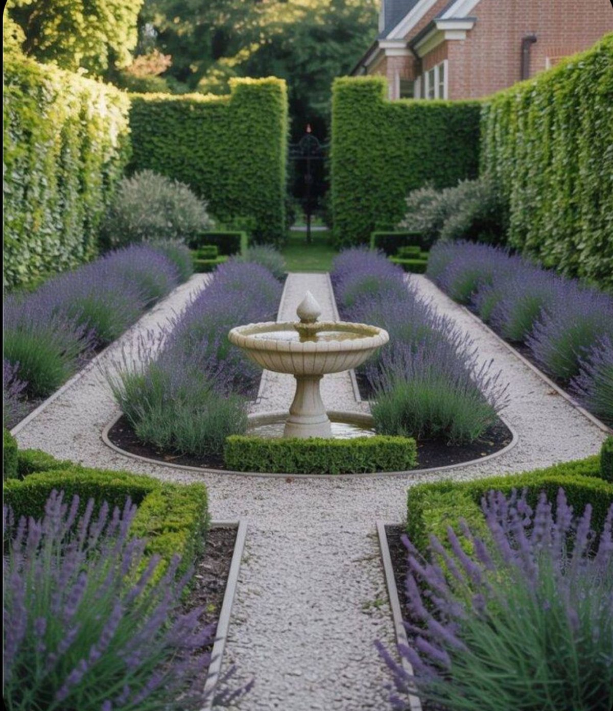 Lavender plants line a light gravel garden path featuring a central stone birdbath.