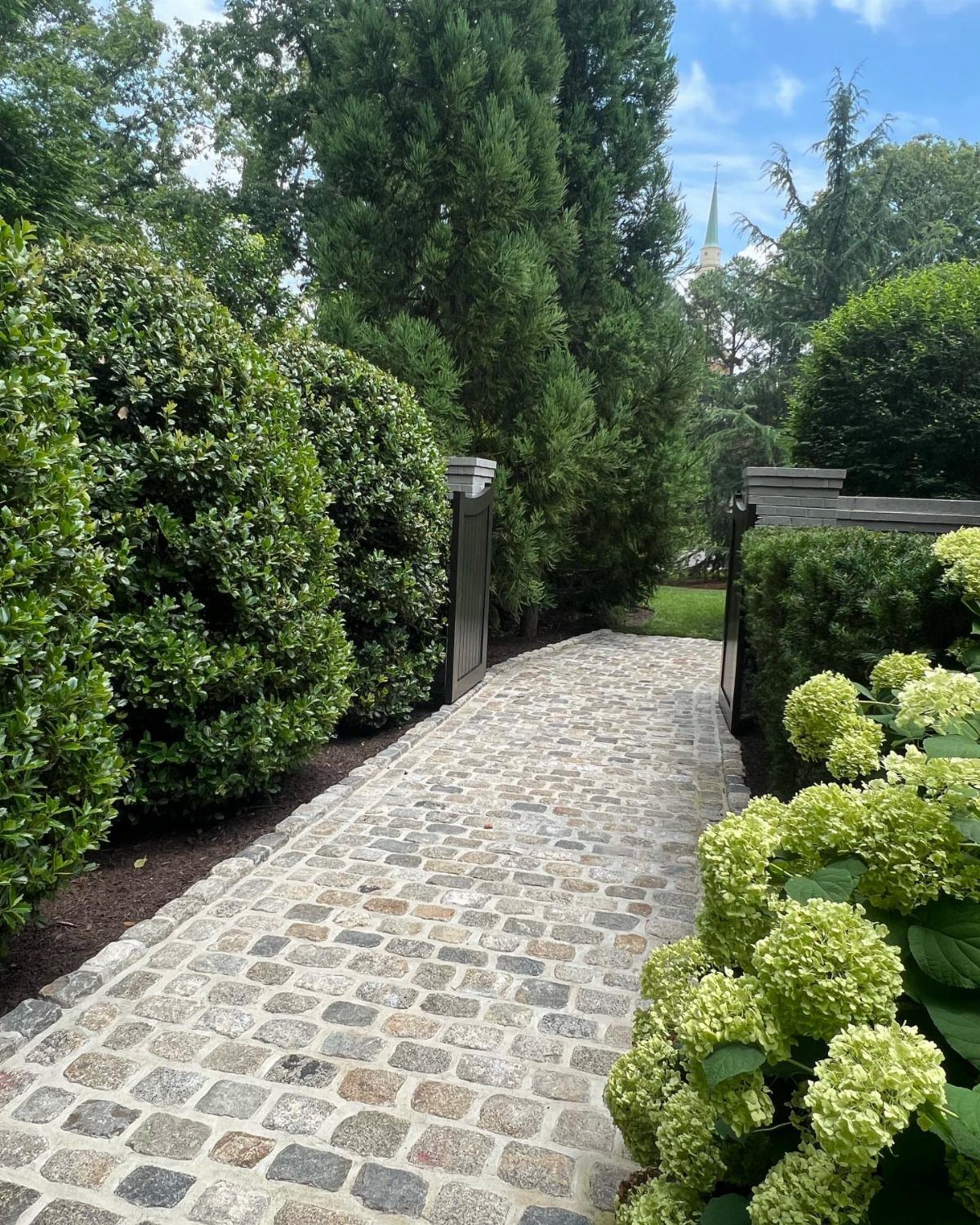 A cobblestone garden path winding between green bushes and hydrangea flowers under a blue sky.