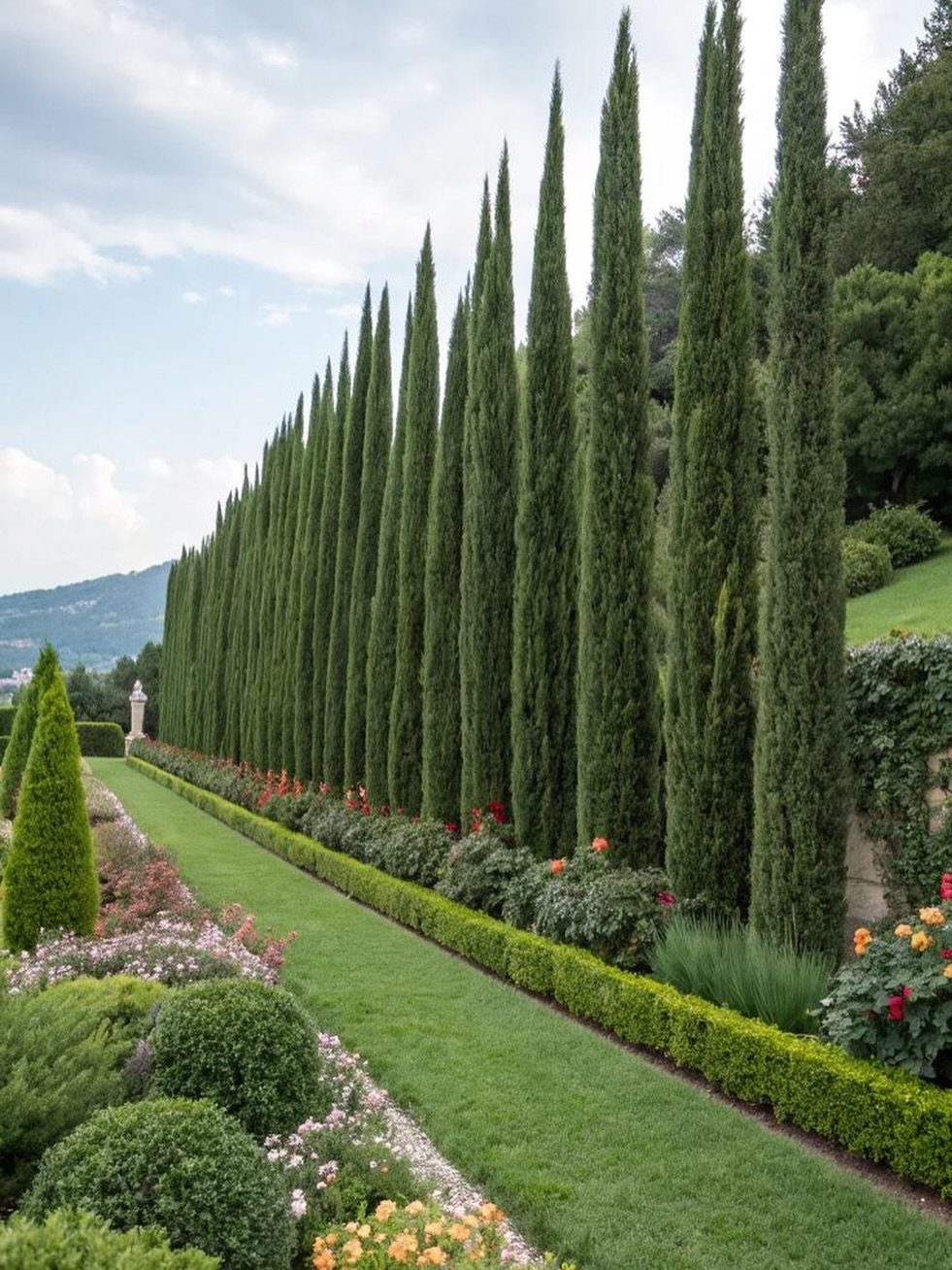 Tall, slender cypress trees line a manicured garden path with low hedges and flowering shrubs.