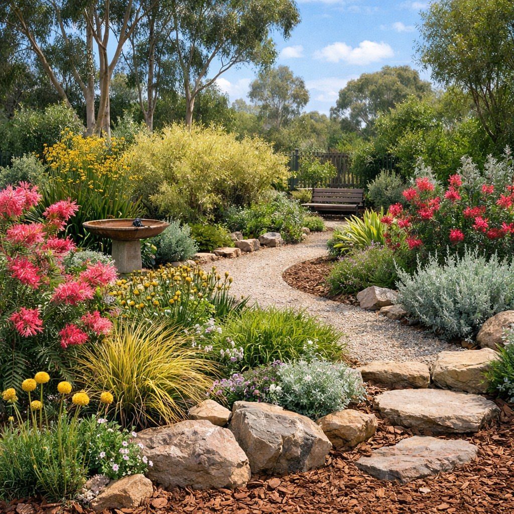 A winding gravel path through a garden filled with diverse native plants and flowering shrubs.