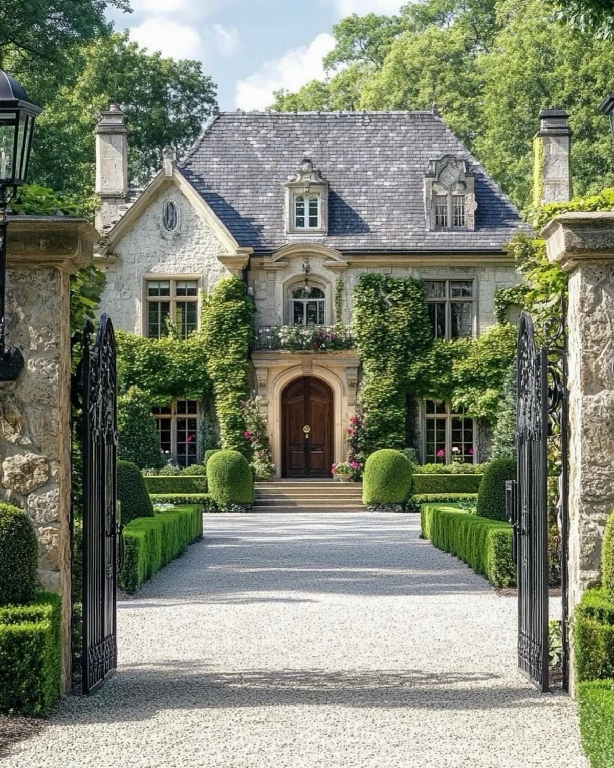 A stone manor house with ivy walls seen through open iron gates and manicured hedges.