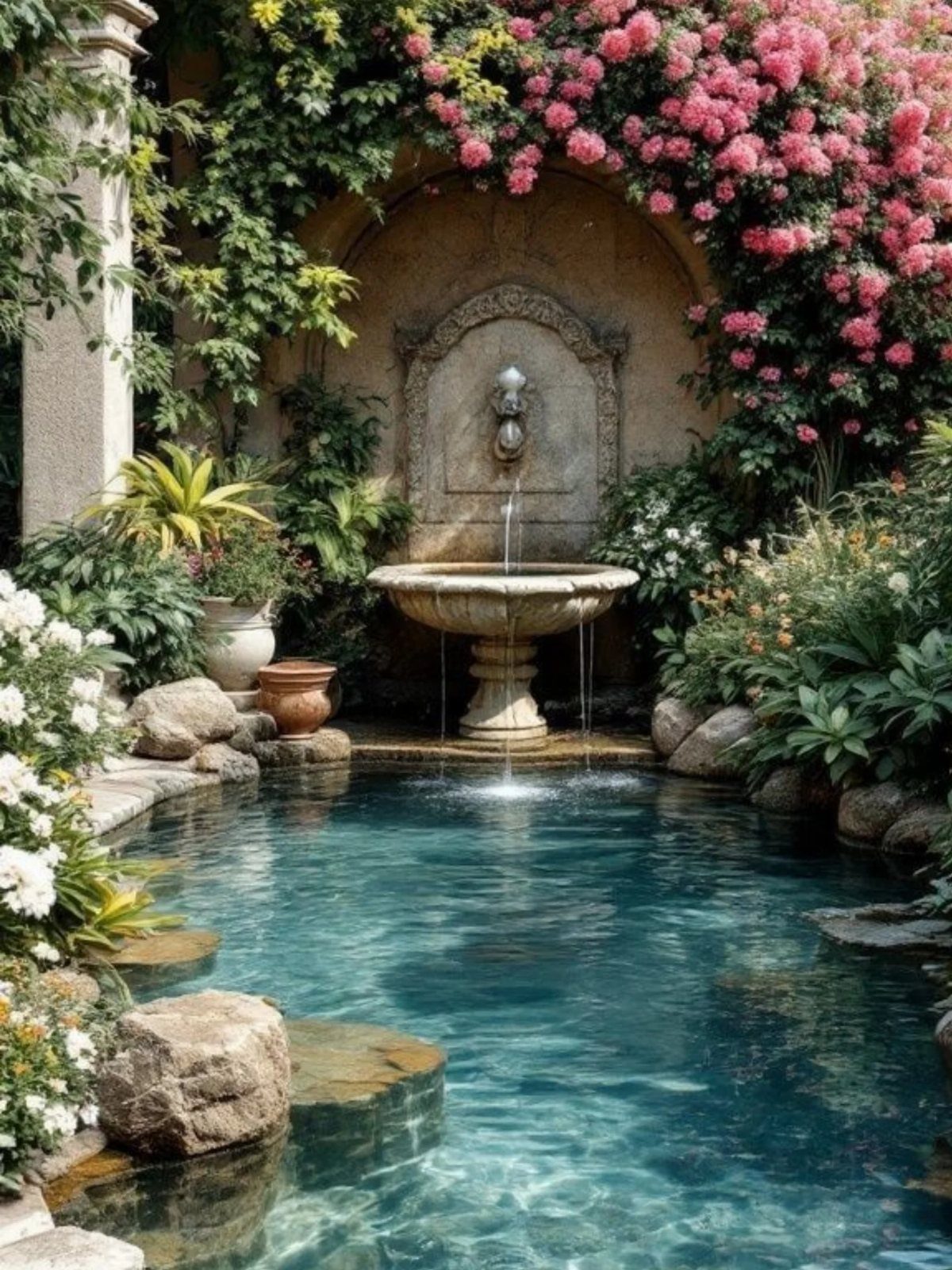 A stone wall fountain pouring water into a clear blue garden pond surrounded by pink roses.