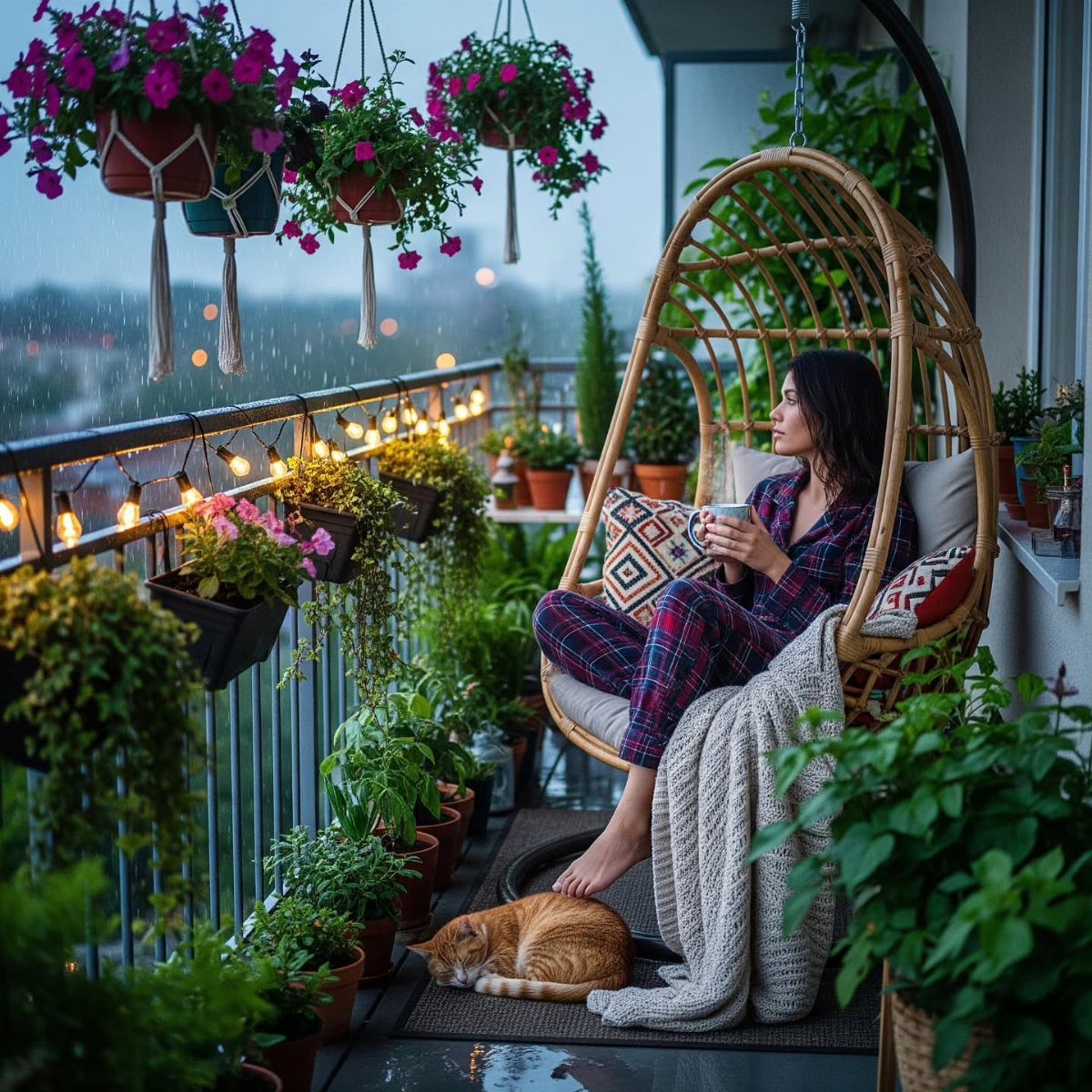 A woman relaxes in a hanging rattan chair with blankets and plants on a cozy balcony.