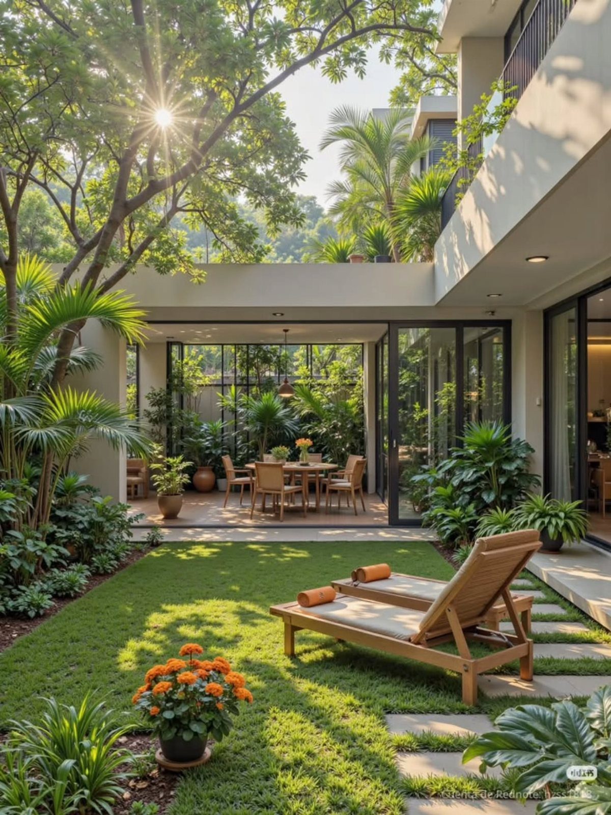 Lush courtyard garden with wooden lounge chairs on a green lawn and tropical plants.