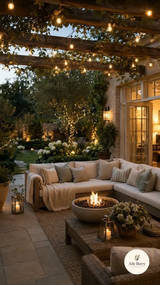 A lit fire pit sits on a wooden coffee table in a cozy outdoor patio setting.