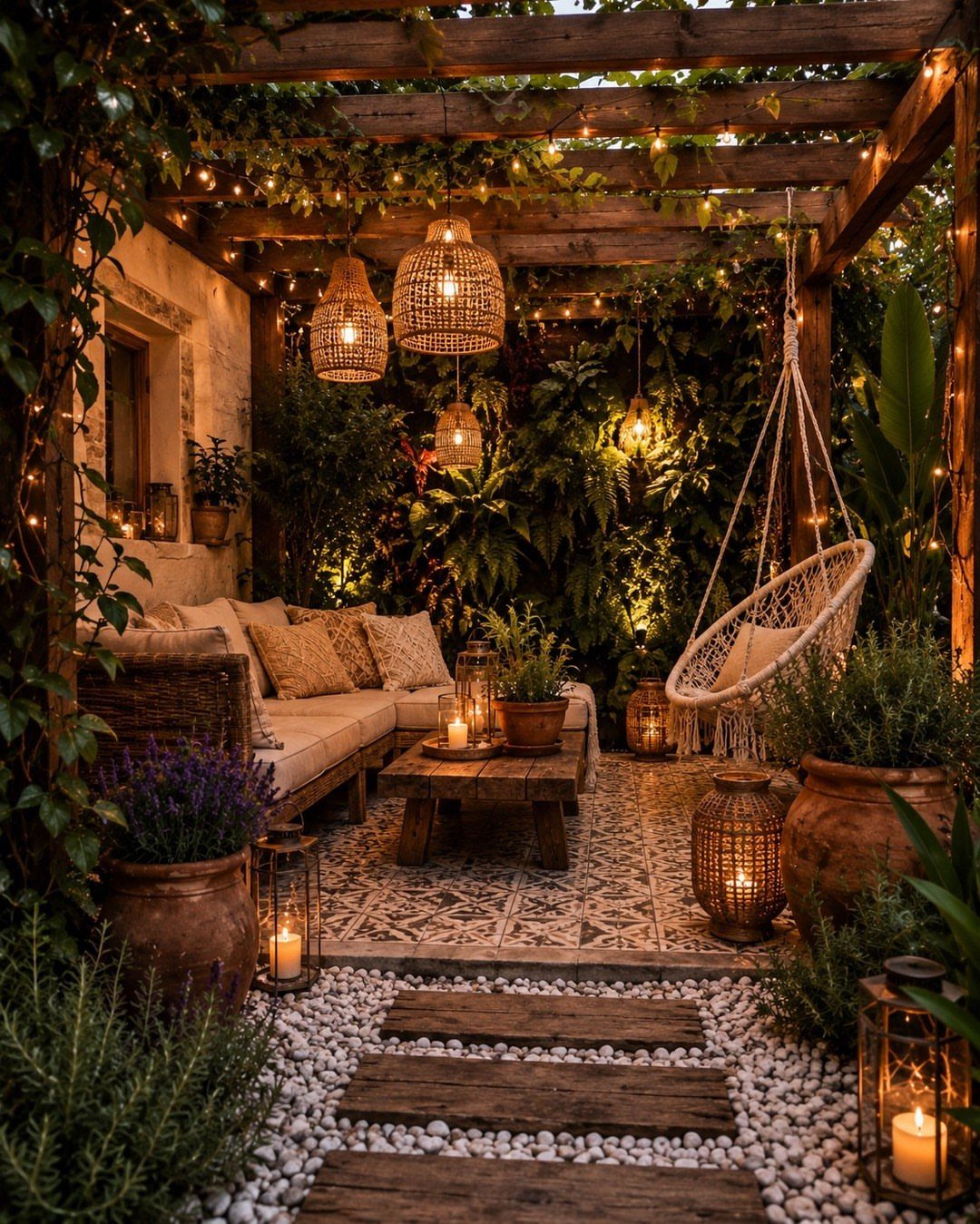 A cozy outdoor patio with a wooden pergola, hanging lights, a swing chair, and large greenery planters.