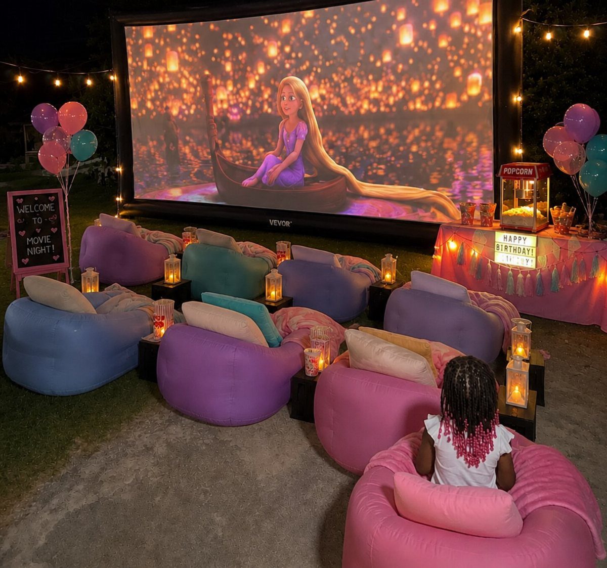 Colorful bean bags arranged on a rug facing a large outdoor movie screen at night.