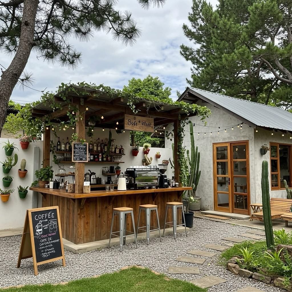 A wooden outdoor bar with stools, espresso machine, and bottles under a vine-covered roof.