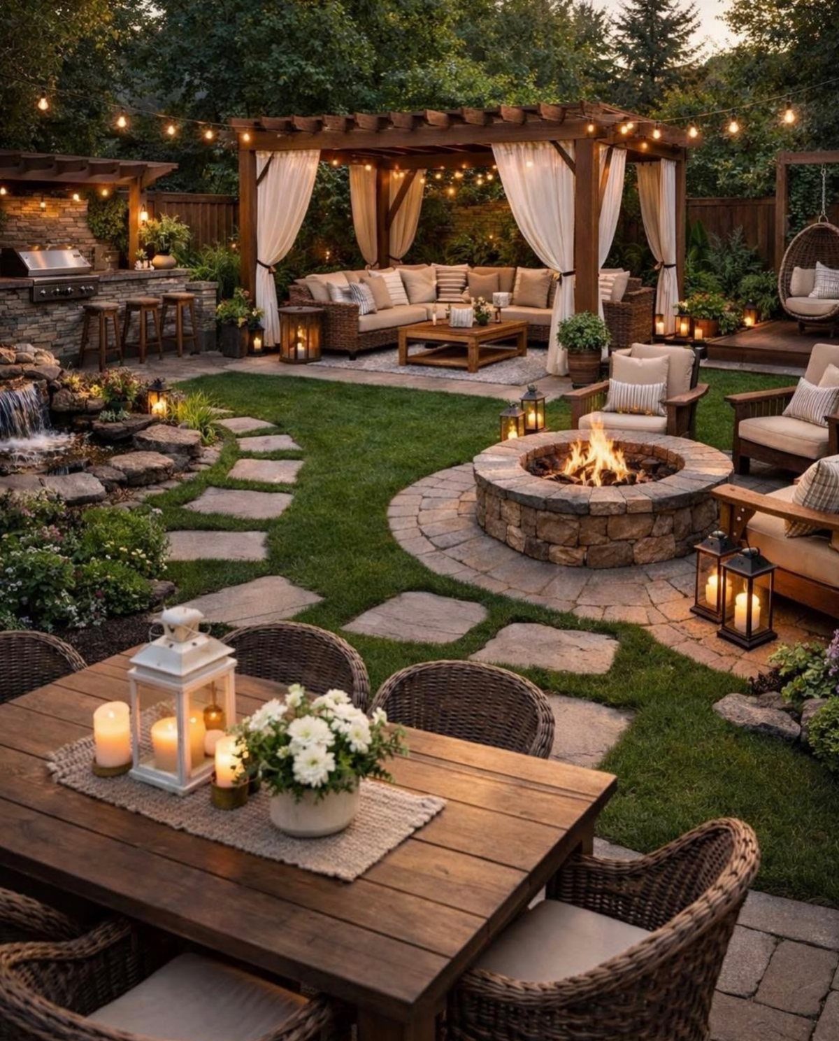 A backyard patio with a pergola, white draperies, a fire pit, and outdoor lounge furniture.