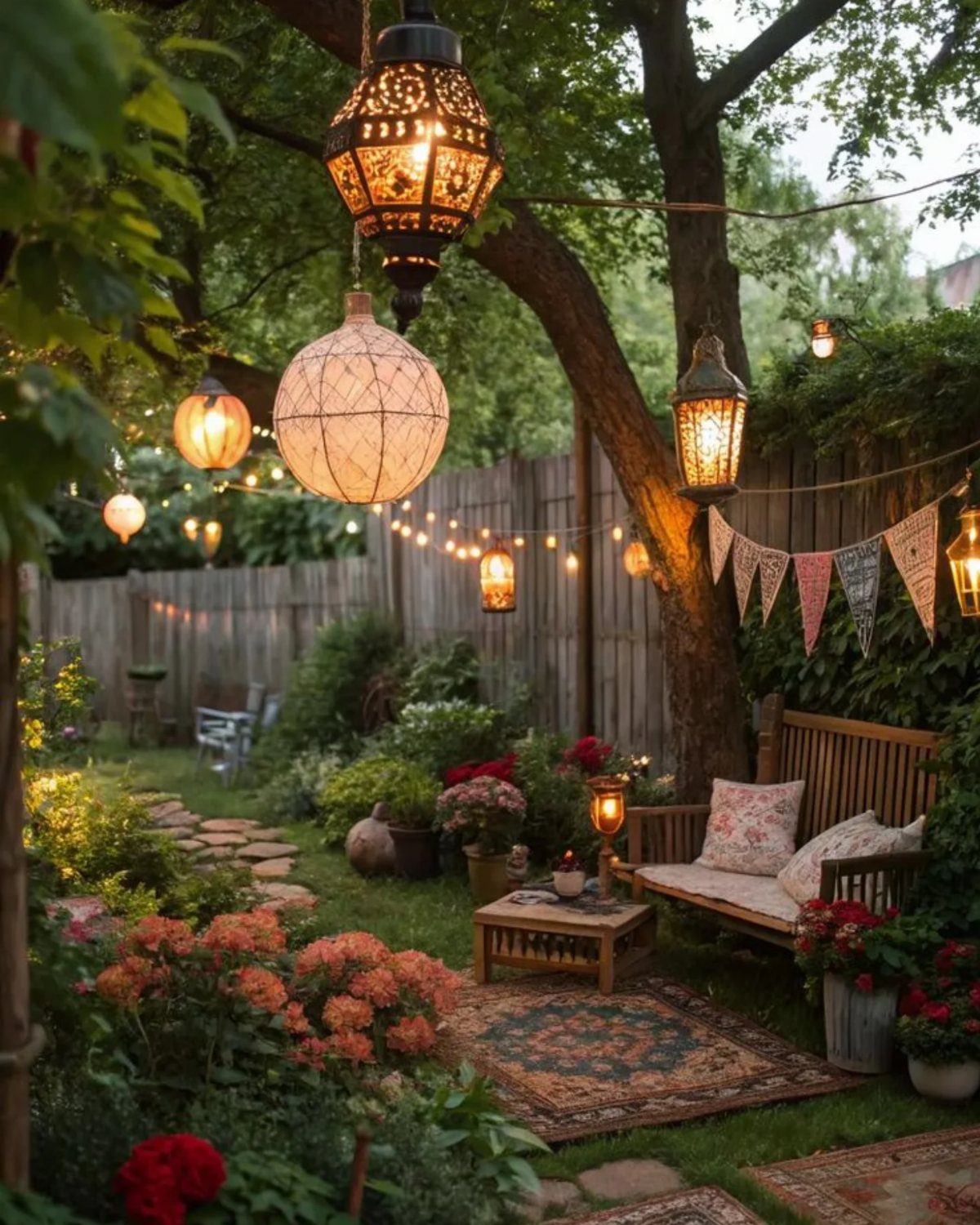 Hanging lanterns and string lights illuminate a cozy backyard garden with a bench and rug.