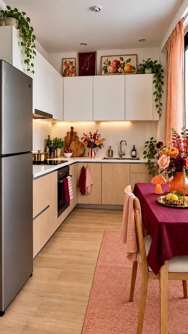 Trailing green plants and framed artwork decorate the space above white kitchen cabinets.
