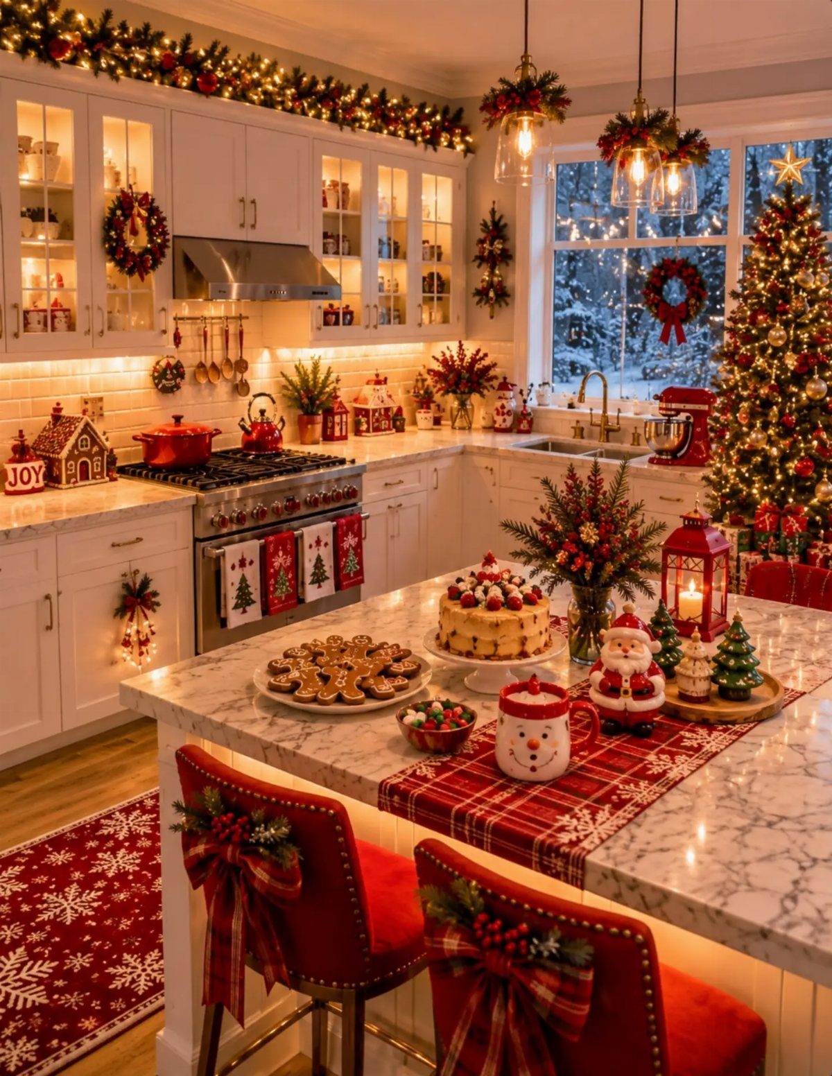 Festive kitchen decorated with Christmas garlands, wreaths, and lights above white cabinets and a marble island.