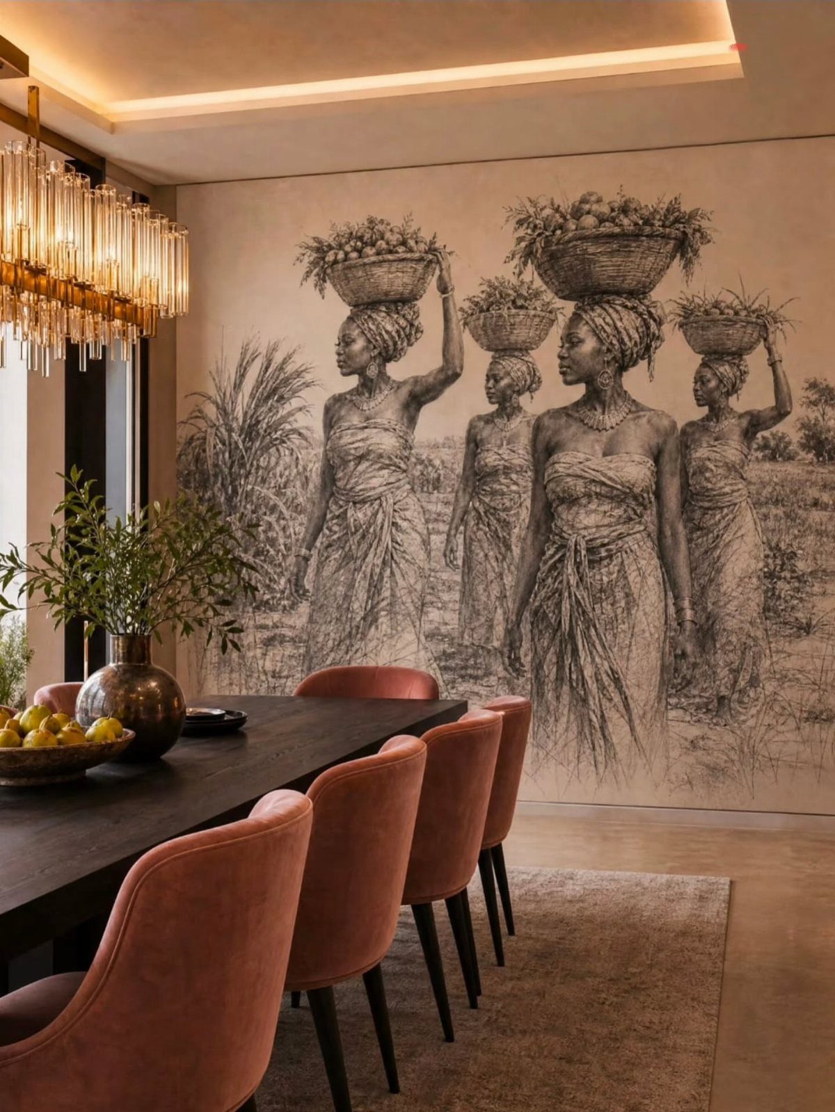 Black and white mural of women carrying baskets on their heads in a dining room.