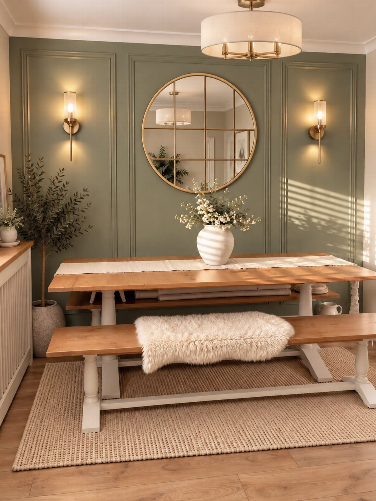 Wooden dining table with white floral arrangement and sheepskin rug in a sage green room.