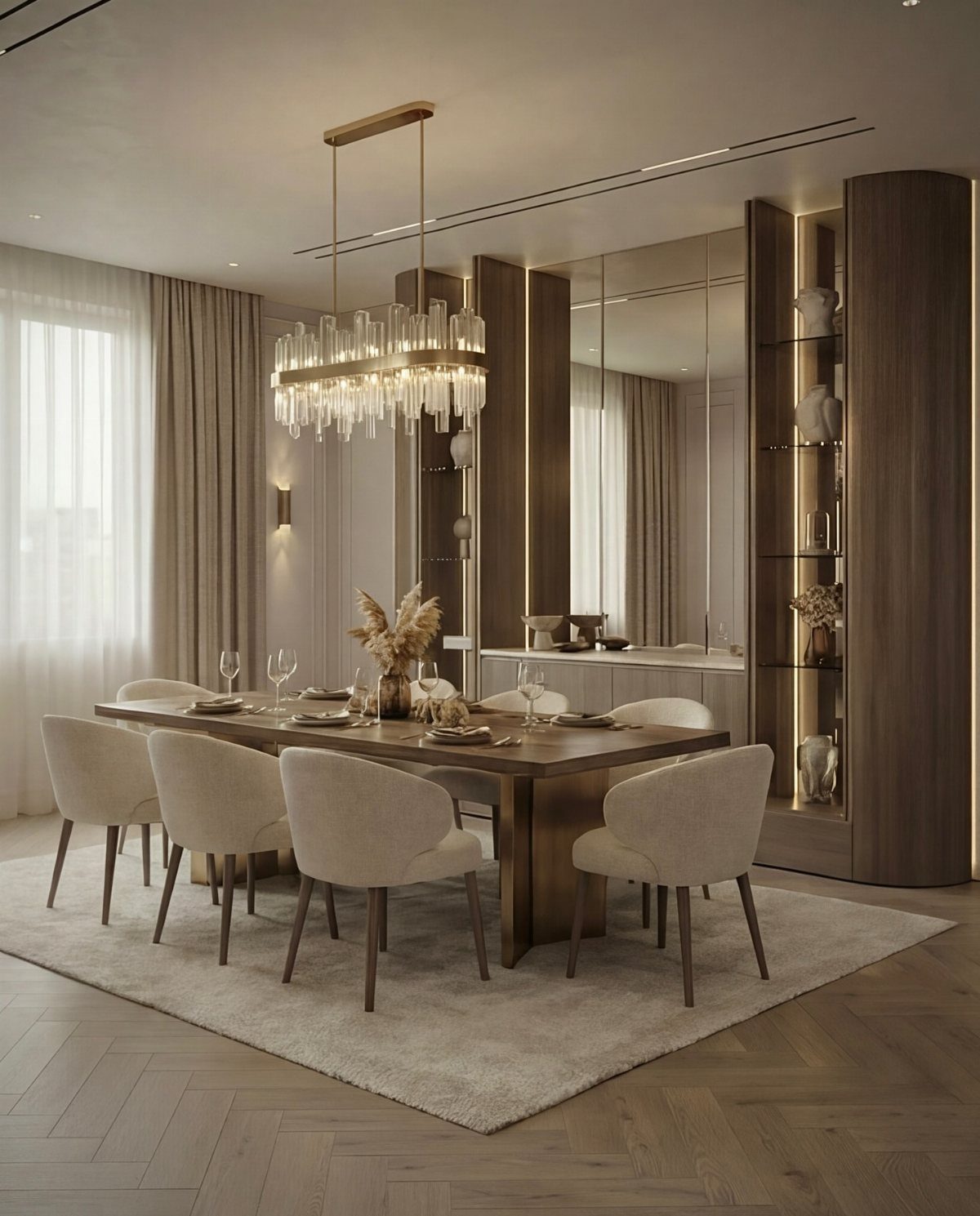 A modern dining room with a large crystal chandelier hanging over a wooden table and beige chairs.