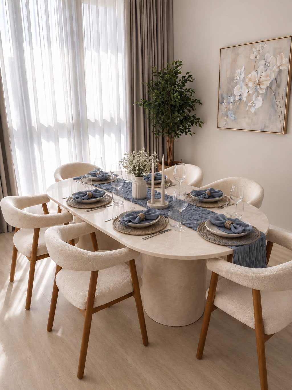 A white oval dining table decorated with a blue patterned table runner and matching napkins.