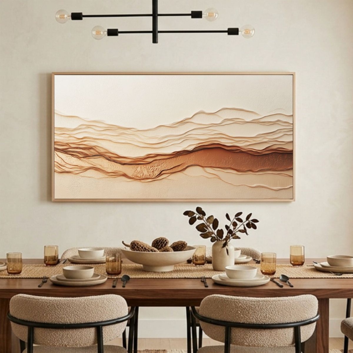 11 Minimalist Dining Room Decor Ideas for Calm, Collected Spaces 5 Large abstract textured wall art in gold and brown tones hanging above a minimalist dining table.