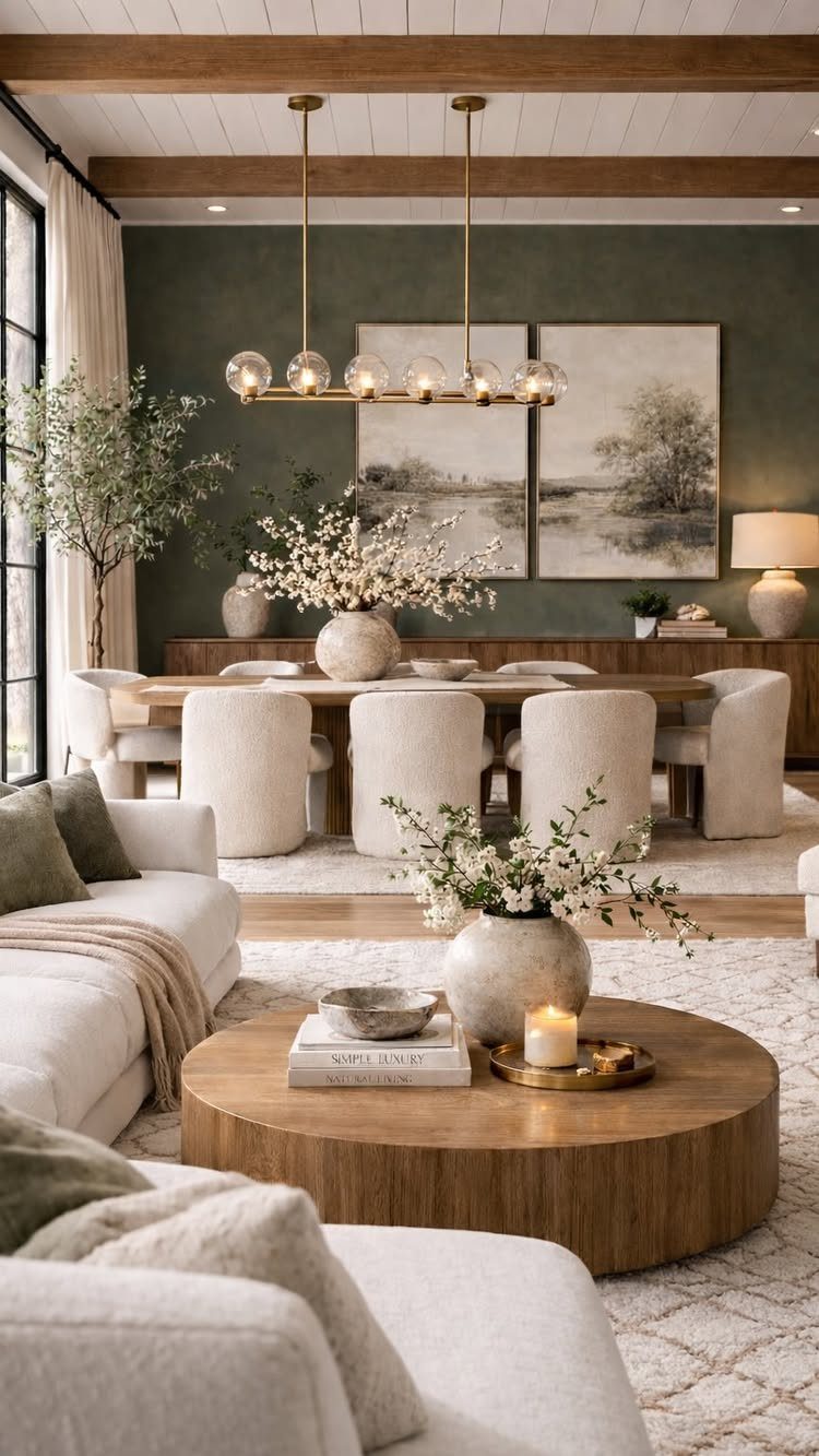 11 Minimalist Dining Room Decor Ideas for Calm, Collected Spaces 11 Minimalist dining room with cream chairs, a wooden table, and a gold linear chandelier against a green wall.