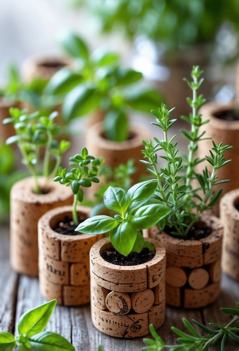 Small herb plants growing in miniature planters made from textured cork pieces on wood.