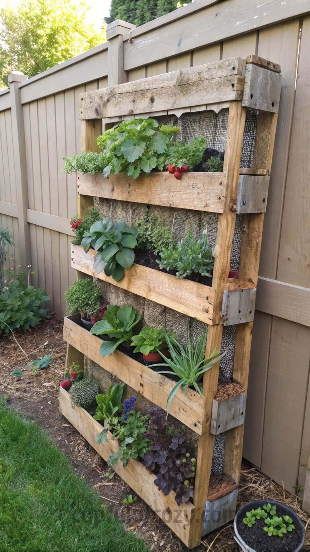 A vertical wooden pallet garden filled with various green potted plants against a fence.