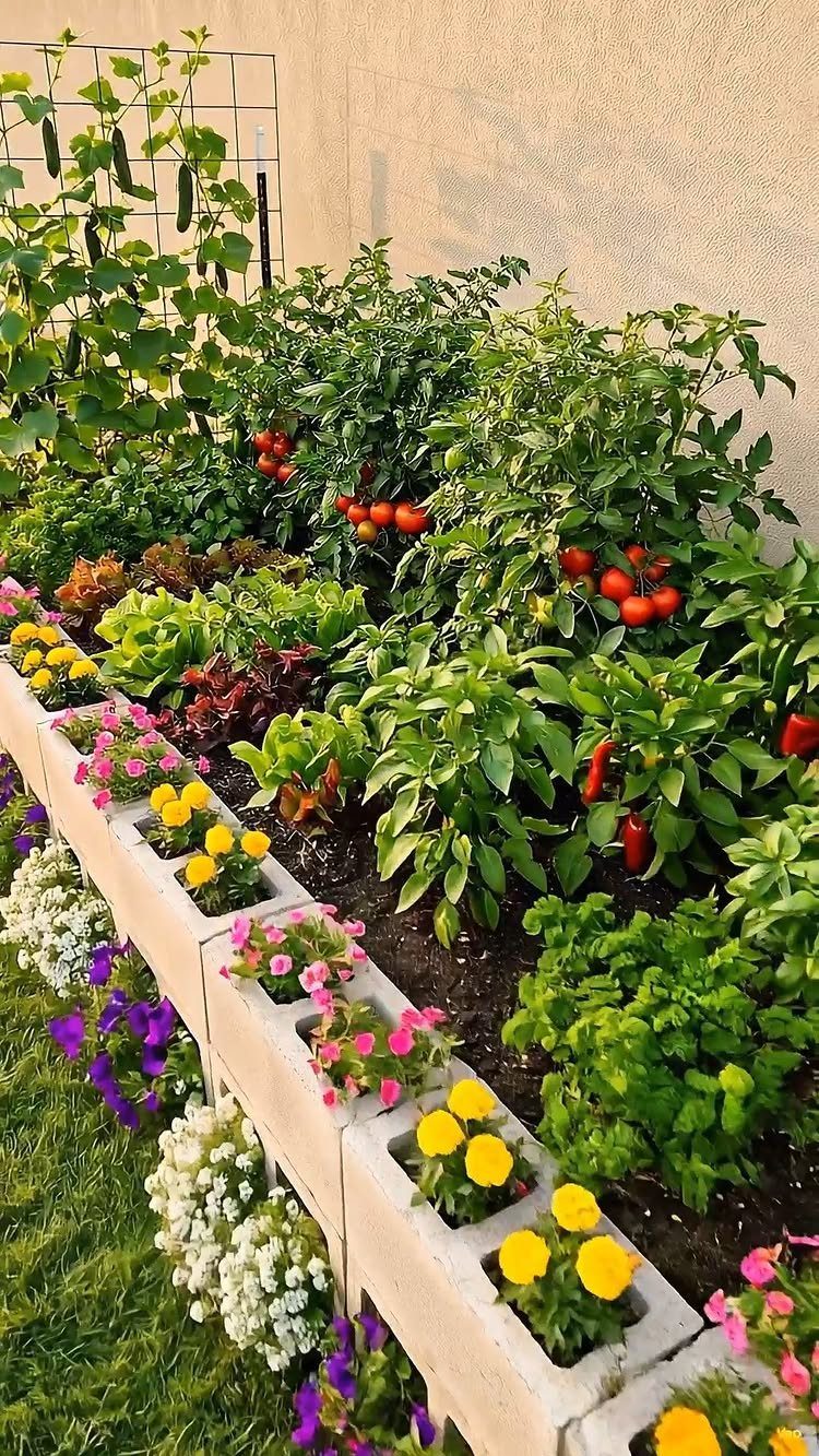 A concrete block raised garden bed filled with various vegetables and colorful flowers in a backyard.