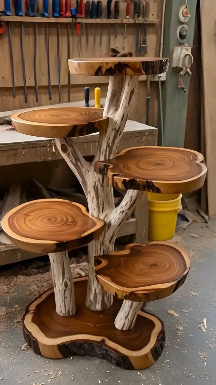 DIY Plant Stand Indoor: 5 Ideas With Driftwood, Ladders and Tiered Wood 5 A multi-tiered wooden plant stand made from driftwood branches and polished live-edge wood slices.