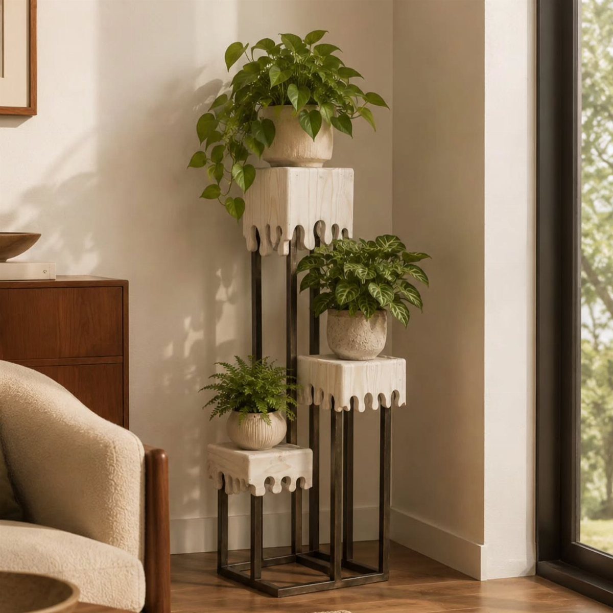 DIY Plant Stand Indoor: 5 Ideas With Driftwood, Ladders and Tiered Wood 1 Three green potted plants arranged on a tiered modern metal and stone plant stand indoors.