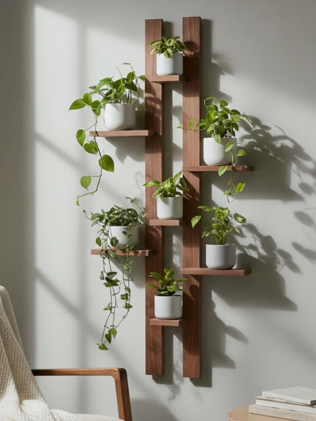 DIY Plant Stand Indoor: 5 Ideas With Driftwood, Ladders and Tiered Wood 2 Wooden wall-mounted plant stand with several small shelves holding green plants in white pots.