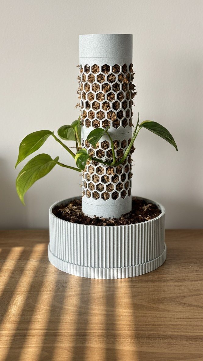 DIY Plant Trellis Indoor: 8 Ideas Using Wood, Rope and Wire 2 A pothos plant climbing a white hexagonal moss pole in a ribbed white pot.