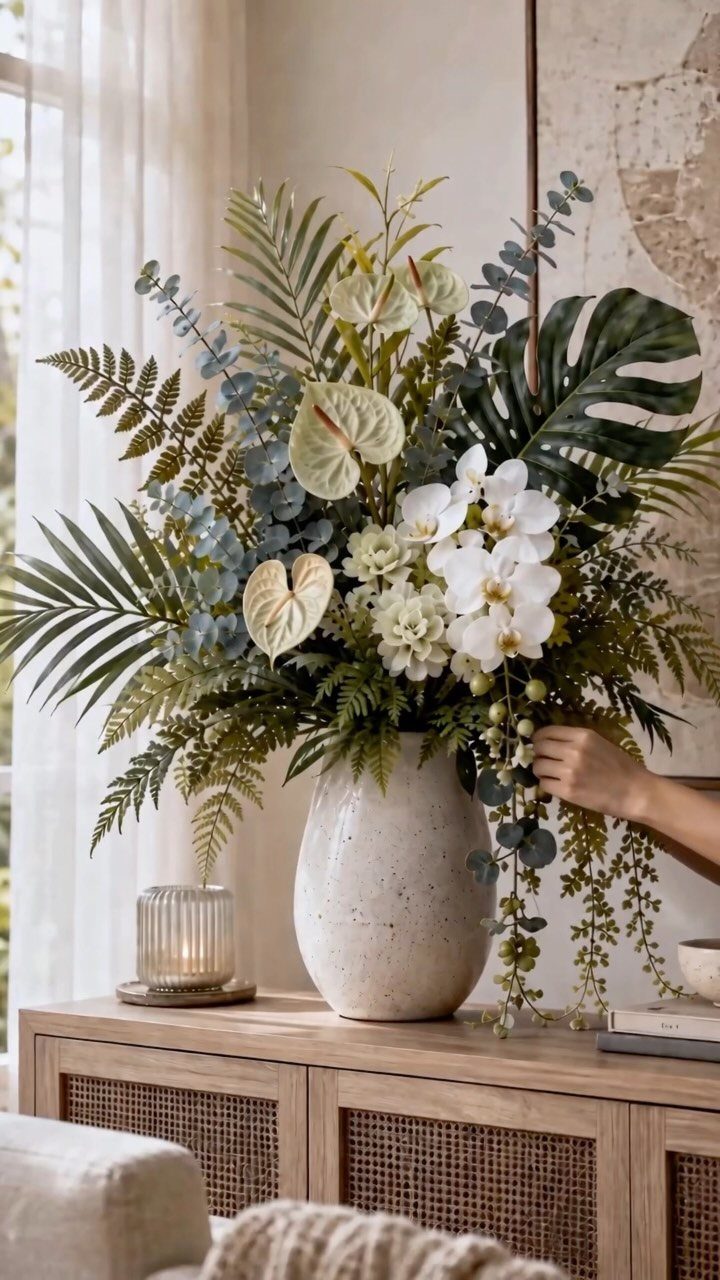 DIY Plants and Decor: 6 Home Projects Worth Making 2 Large artificial floral arrangement with white orchids and tropical leaves in a white vase.