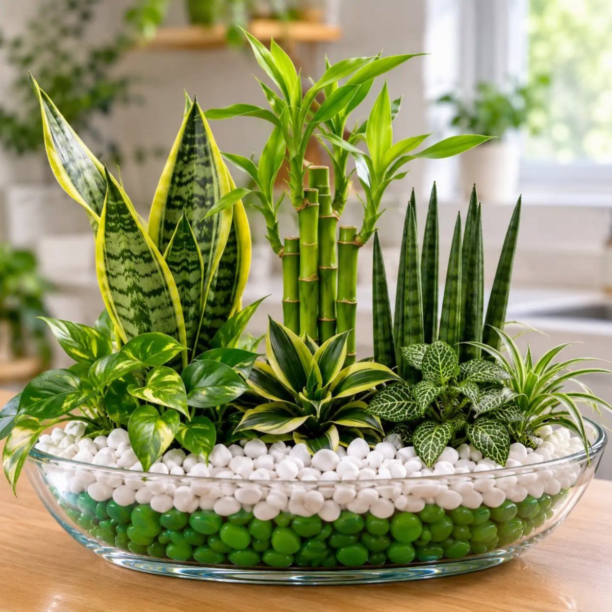 DIY Plants and Decor: 6 Home Projects Worth Making 6 Various green indoor plants arranged in a clear glass bowl with white and green pebbles.